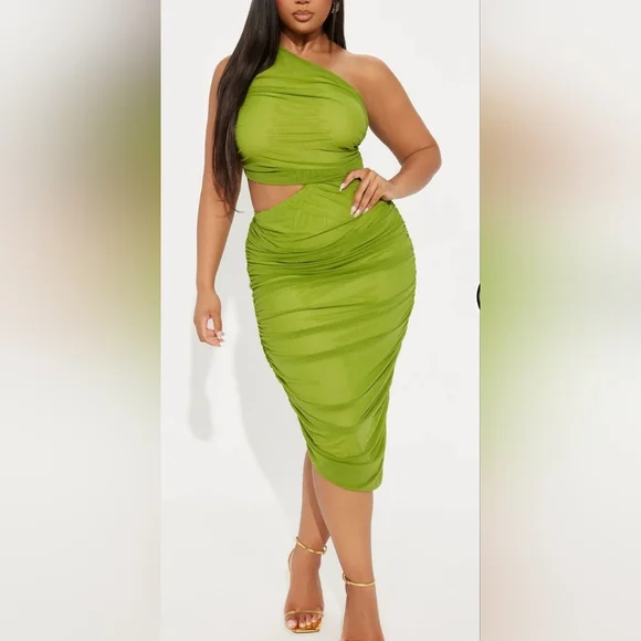 Fashion Nova Lime Green One-Shoulder Cutout Ruched Midi Dress - Picture 2 of 6